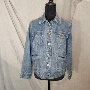 Chico's Platinum Denim Jacket Womens Size 0 Blue Jean Button Front Pockets